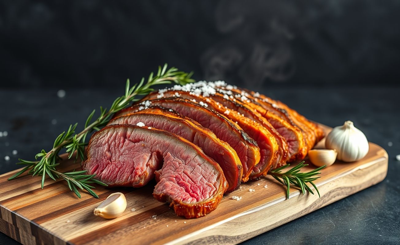 Picanha assada cortada em fatias mostrando interior rosado e crosta dourada, decorada com alecrim em tábua de madeira rústica