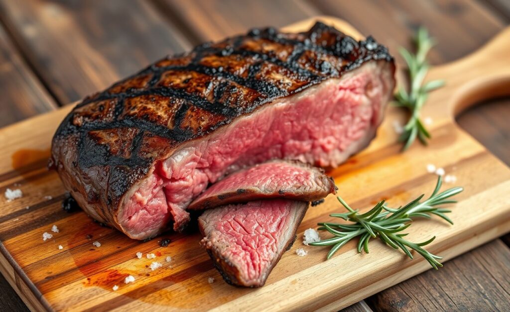 Picanha na brasa cortada em fatias, mostrando interior rosado e crosta dourada, sobre tábua de madeira rústica