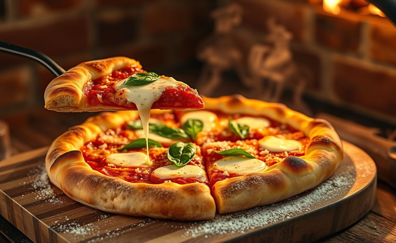 Pizza caseira recém-saída do forno com queijo derretido, molho vermelho vibrante e folhas de manjericão fresco sobre tábua de madeira