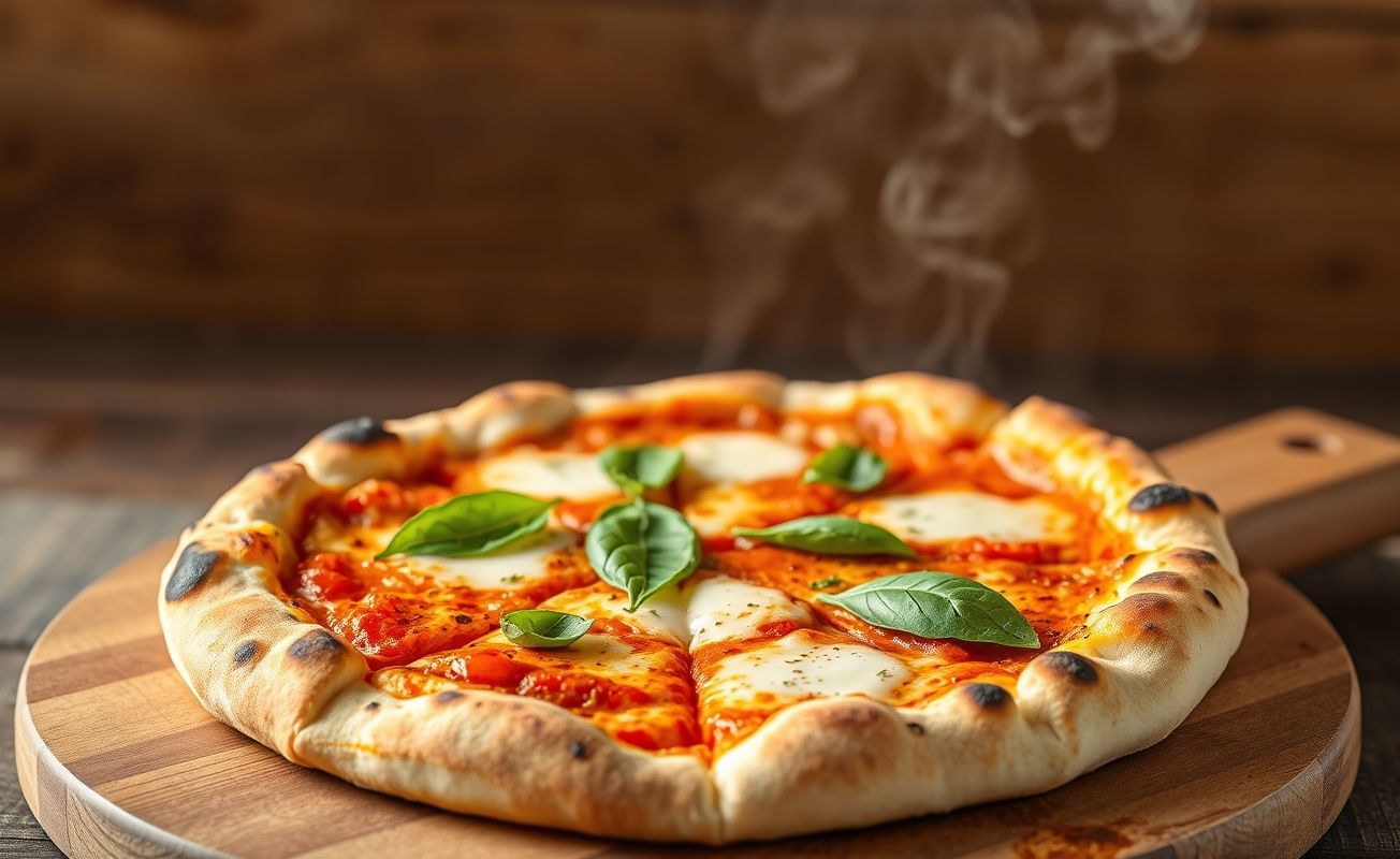 Pizza caseira recém-saída do forno com queijo derretido, molho vermelho vibrante e folhas de manjericão fresco sobre base dourada crocante