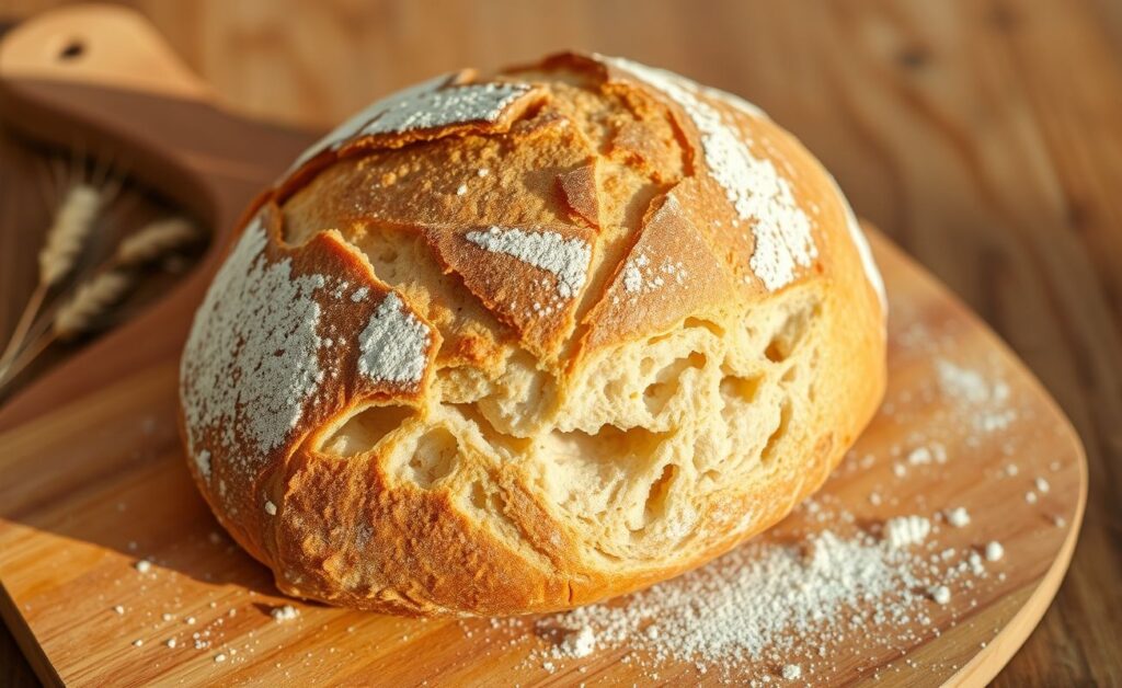 Pão de fermentação natural (sourdough) caseiro com crosta dourada e farinha polvilhada, cortado ao meio mostrando miolo cheio de alvéolos irregulares