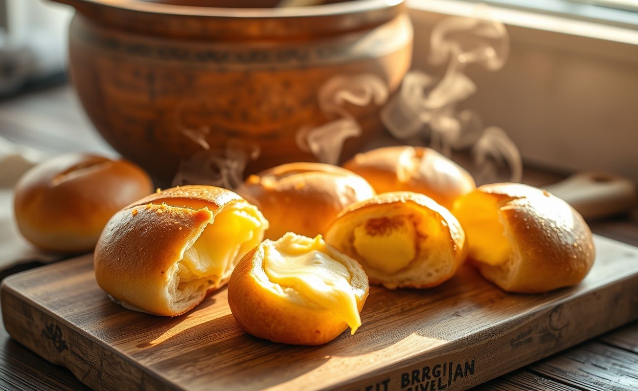 Pão de Queijo mineiro dourado e recém-saído do forno, mostrando textura crocante exterior e interior macio e amarelado