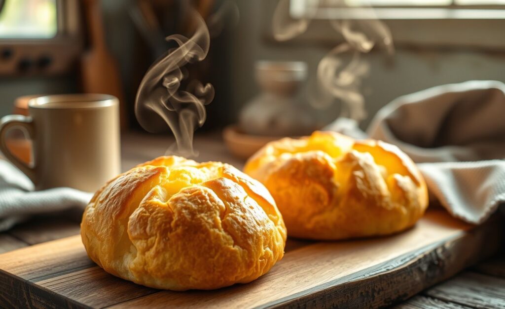 Pão de queijo tradicional recém-saído do forno com casca dourada e crocante, disposto em tábua de madeira rústica