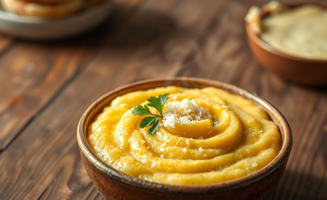 Polenta cremosa servida em tigela cerâmica, textura aveludada com queijo parmesão ralado e salsa fresca como garnish
