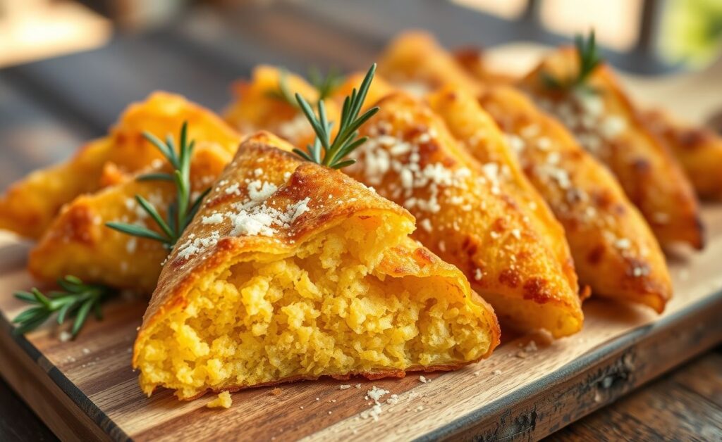 Polenta frita dourada e crocante servida em tábua de madeira rústica com queijo parmesão e ramos de alecrim