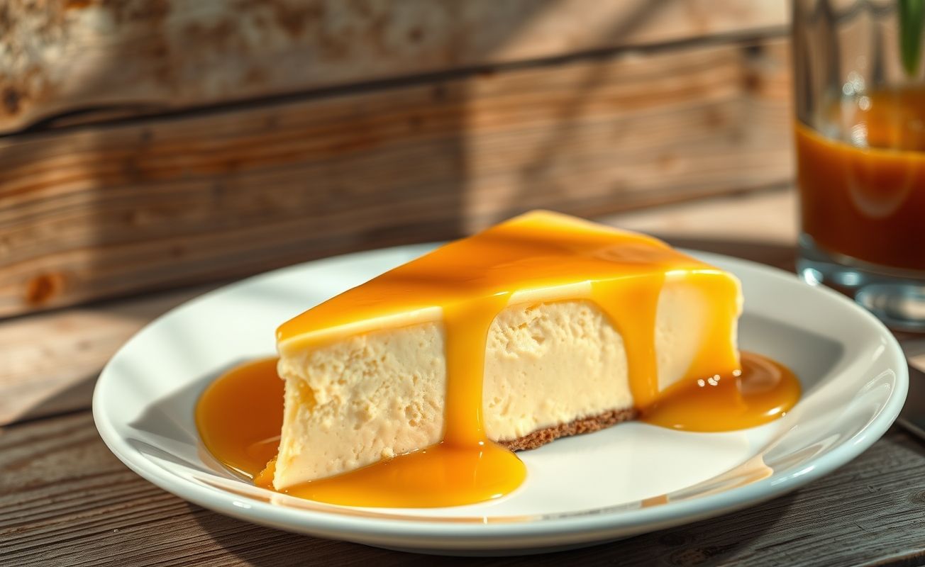 Pudim de leite condensado cremoso com calda caramelizada, servido em fatia sobre prato branco