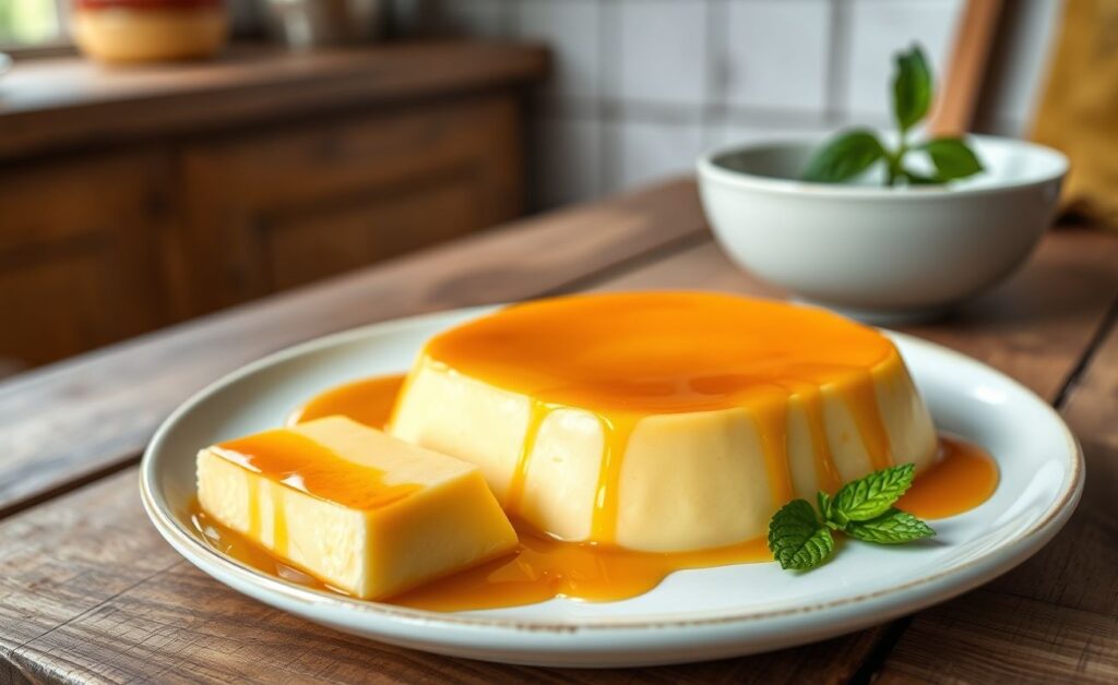 Pudim de leite condensado cremoso com calda dourada, uma receita de sobremesa tradicional para o Dia dos Pais
