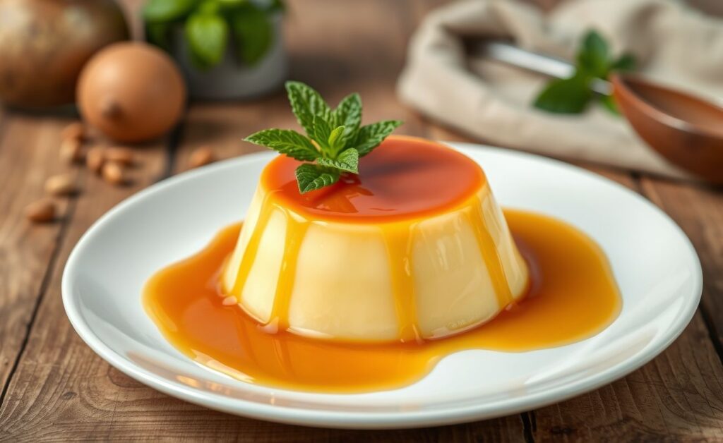 Pudim tradicional brasileiro com calda dourada escorrendo pelas laterais, servido em prato branco com decoração simples