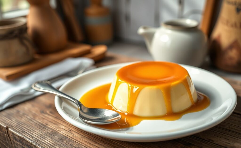Pudim de leite condensado tradicional servido em prato branco com calda dourada escorrendo pelas laterais, textura lisa e cremosa