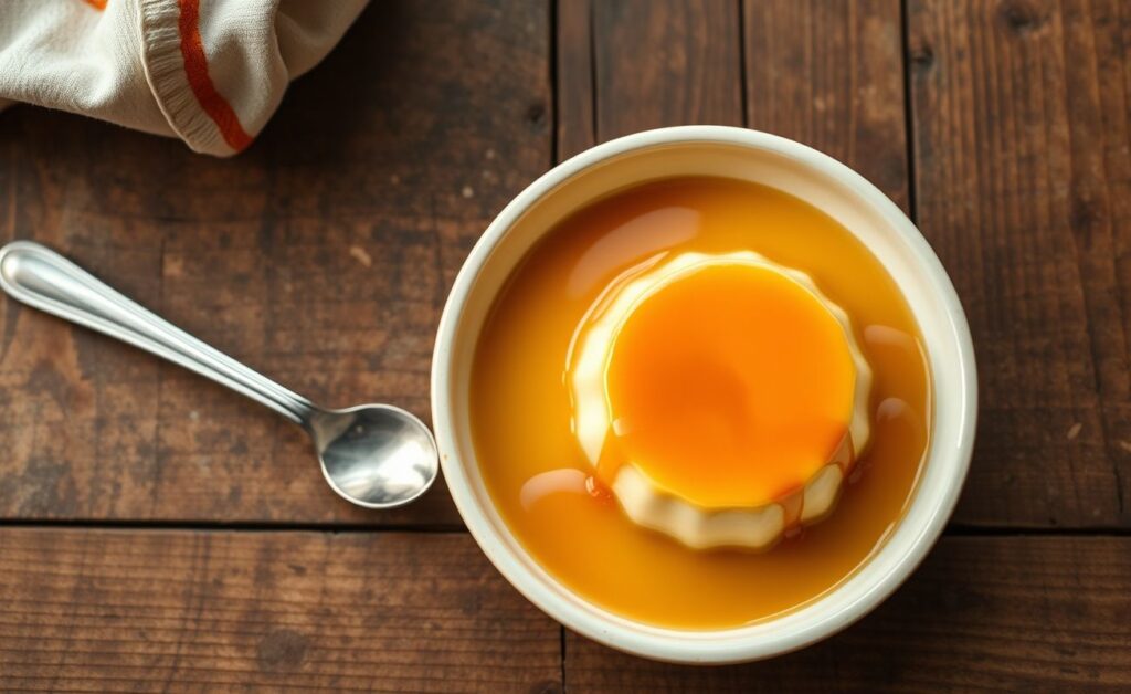 Pudim na air fryer cremoso com calda de caramelo dourado servido em forma redonda, pronta para ser saboreada