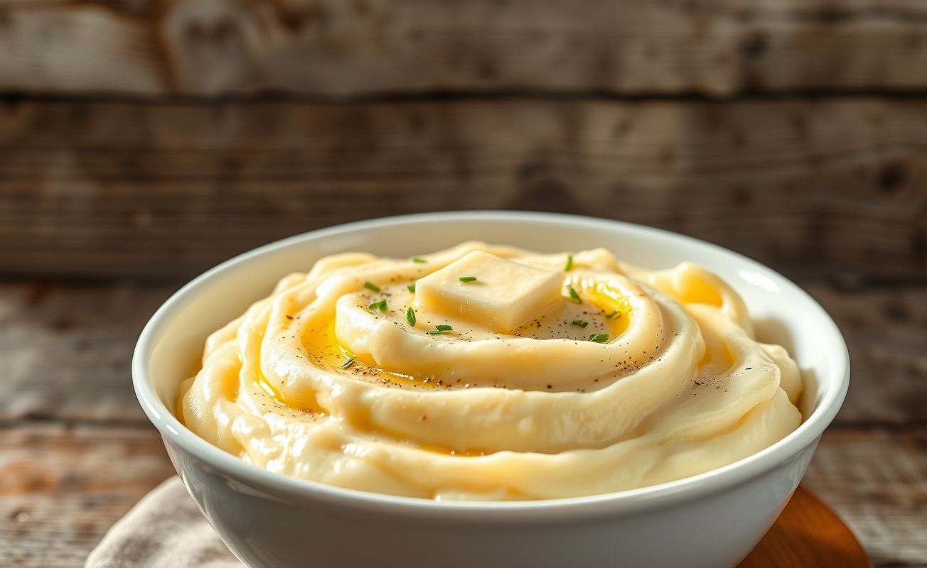 Purê de batata cremoso servido em tigela branca com manteiga derretendo e cebolinha fresca como garnish