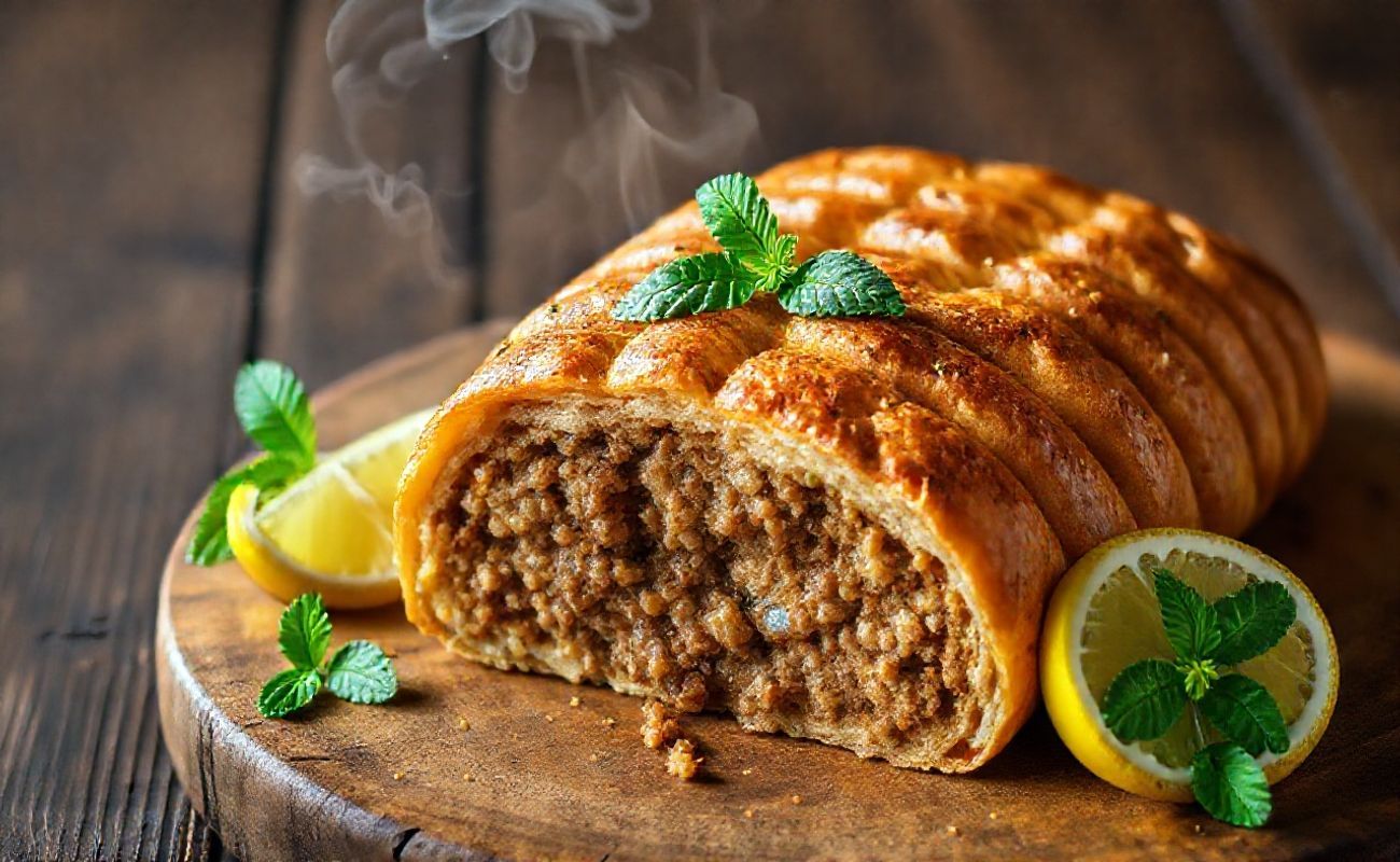Quibe Assado dourado com cortes diagonais na superfície, mostrando recheio de carne moída e trigo, decorado com hortelã e limão