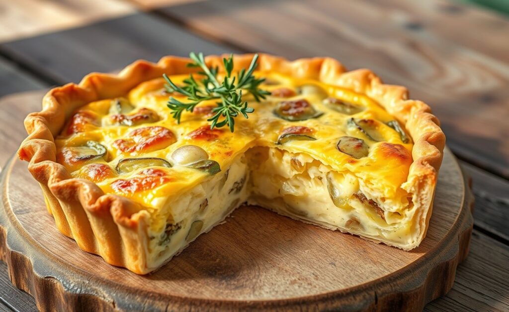 Quiche de Alho Poró assada com massa dourada e recheio cremoso, decorada com ervas frescas, servida em fatias.