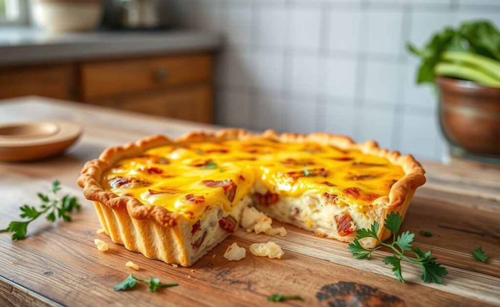 Quiche assada dourada com recheio cremoso de queijo e bacon visível na fatia cortada, servida em prato branco sobre mesa rústica