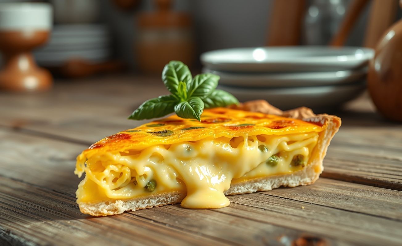 Fatia de Quiche de queijo dourada com massa crocante e recheio cremoso derretido, decorada com manjericão fresco em fundo desfocado