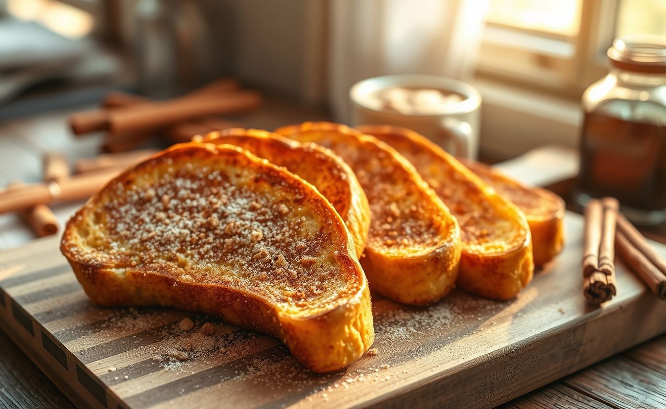 Rabanadas fritas douradas polvilhadas com canela e açúcar, dispostas em prato rústico, mostrando textura crocante por fora e macia por dentro