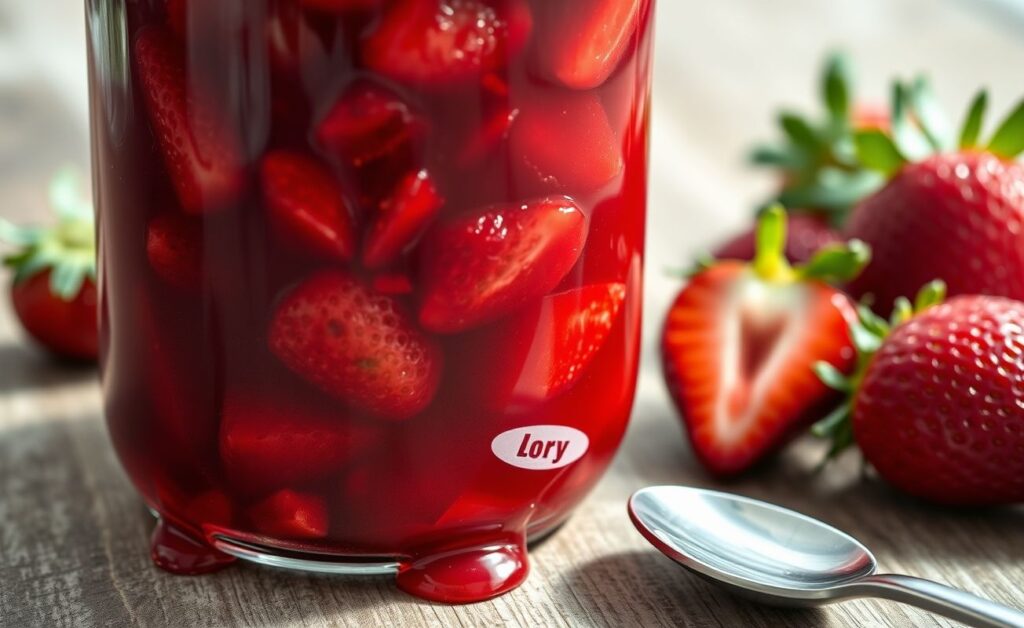 Calda de morango vermelha e brilhante em pote de vidro, com pedaços de morango visíveis e textura cremosa, perfeita para sobremesas