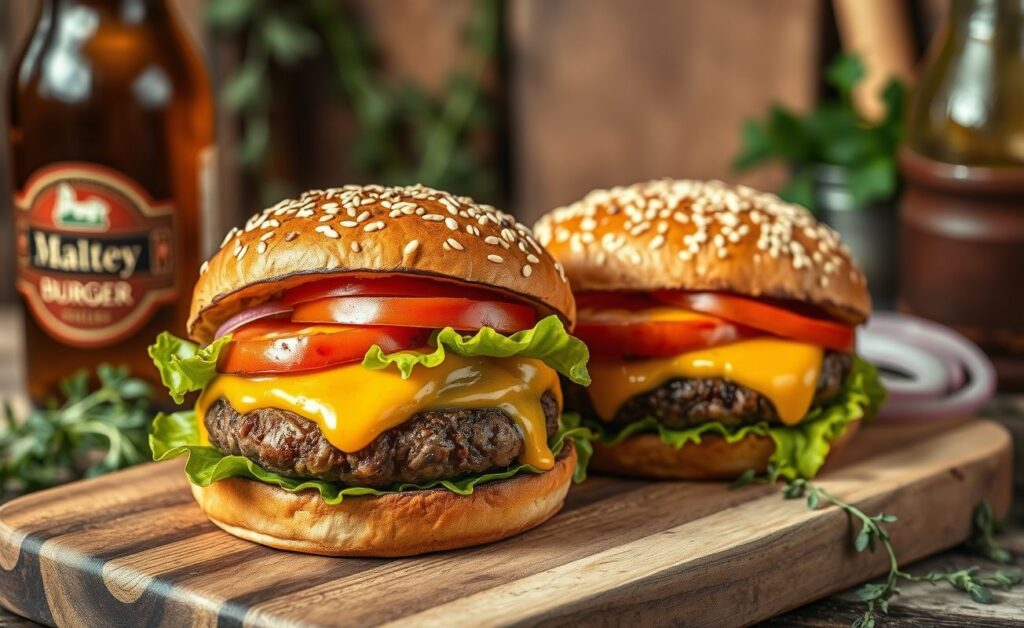 Hambúrgueres caseiros feitos com receitas com carne moída, dourados e suculentos, servidos em pães com queijo derretido e vegetais frescos.