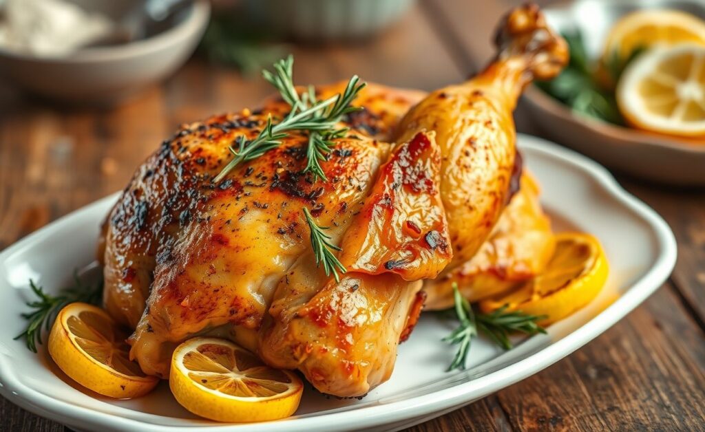 Receitas com coxa de frango assadas no forno, douradas e crocantes, decoradas com ervas frescas em um prato branco