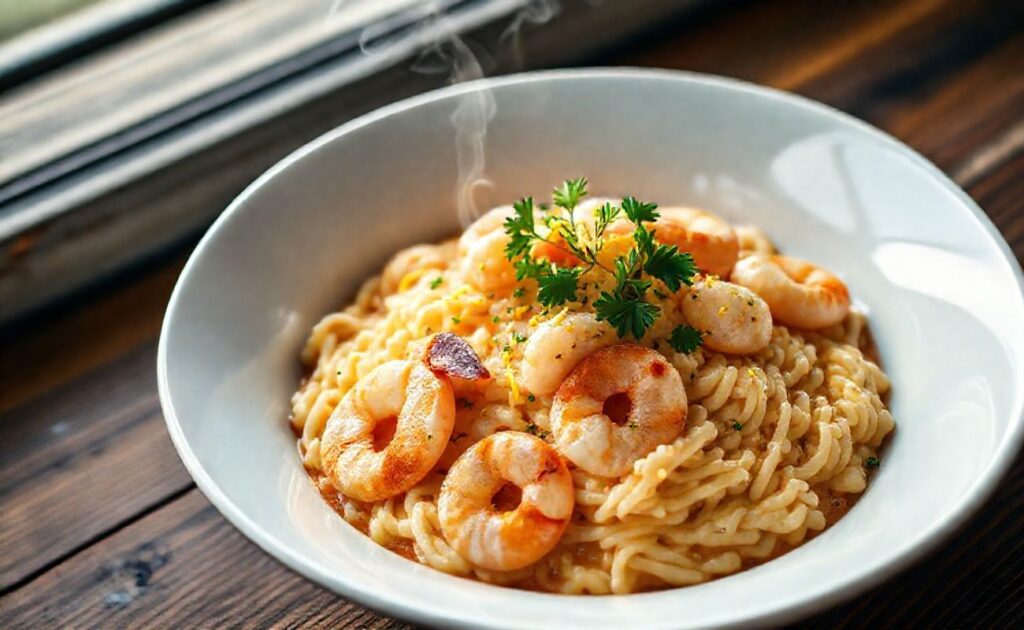 Risoto de Camarão cremoso com camarões rosados, decorado com salsa fresca e raspas de limão em bowl branco
