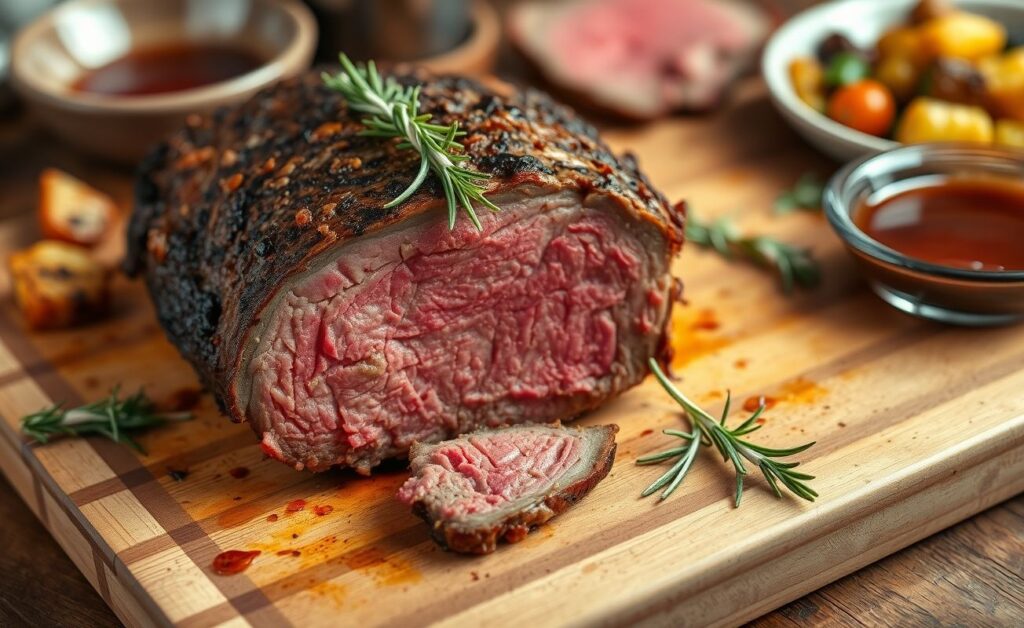 Fatia de Roast Beef suculento com centro rosado, crosta dourada e acompanhado de legumes assados, em prato de madeira rústico