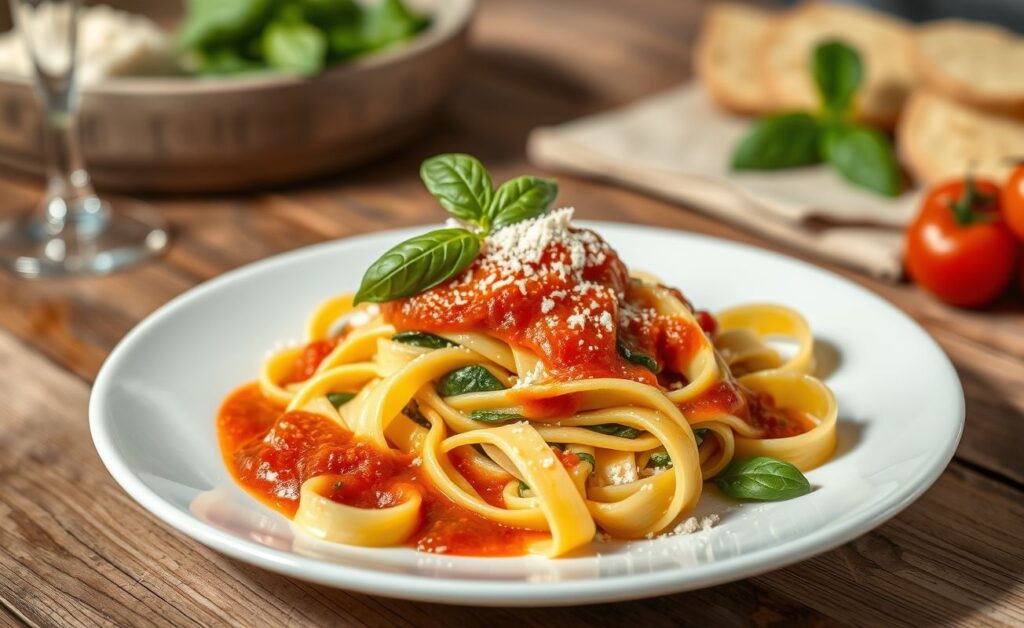 Prato de Rondelli italiano recheado com ricota e espinafre, coberto com molho de tomate e queijo parmesão ralado