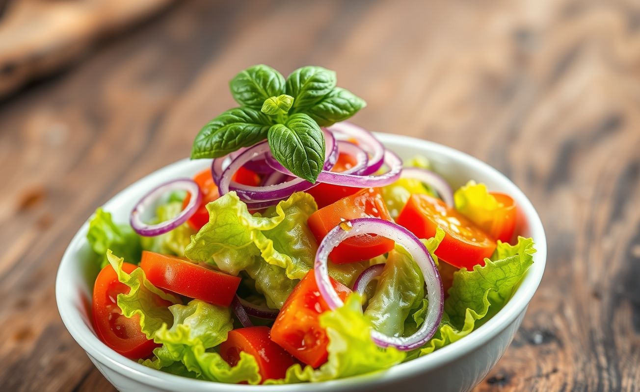 Salada de alface e tomate fresca em bowl branco com folhas verdes, tomates vermelhos, cebola roxa e manjericão, temperada com azeite