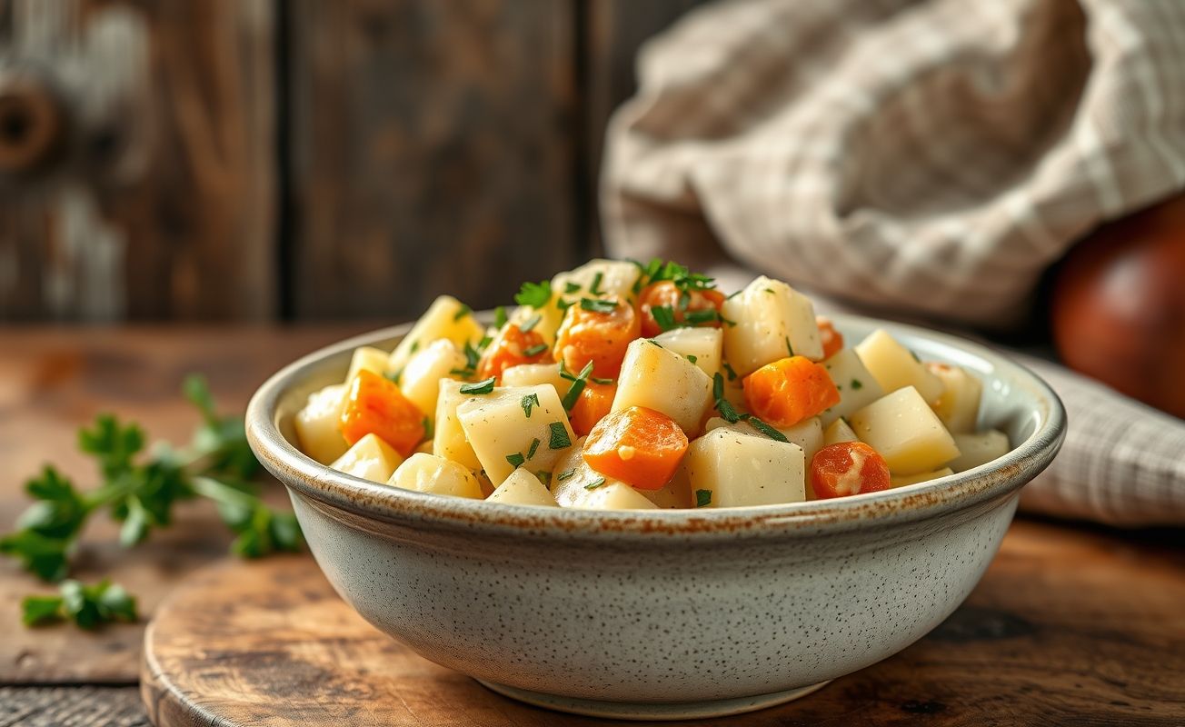 Salada de batata cremosa em bowl cerâmico com pedaços de batata, cenoura, ovos cozidos e ervas frescas, apresentação apetitosa