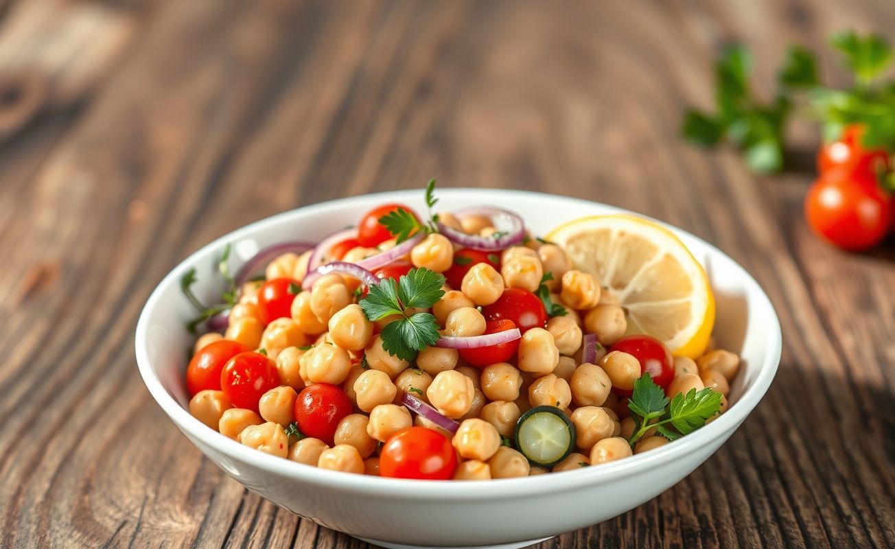 Salada de grão de bico com tomate cereja, pepino e cebola roxa, temperada com azeite e limão, servida em bowl branco