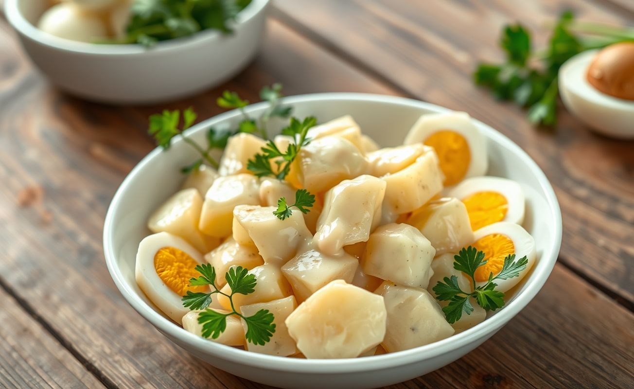 Salada de Maionese tradicional brasileira em bowl branco com batatas, cenouras, milho, ervilhas e ovos cozidos, decorada com salsinha fresca