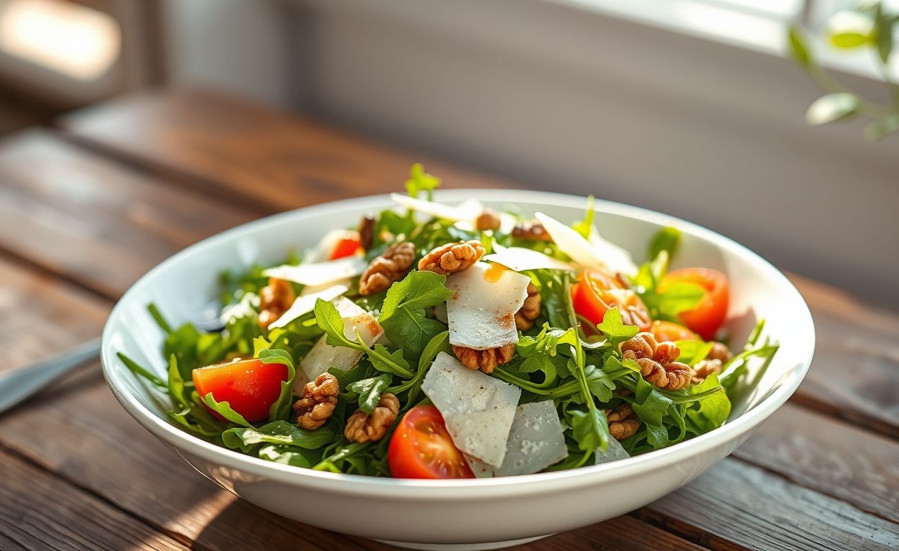 Salada de Rúcula com parmesão, nozes e tomates cereja em bowl branco sobre mesa rústica