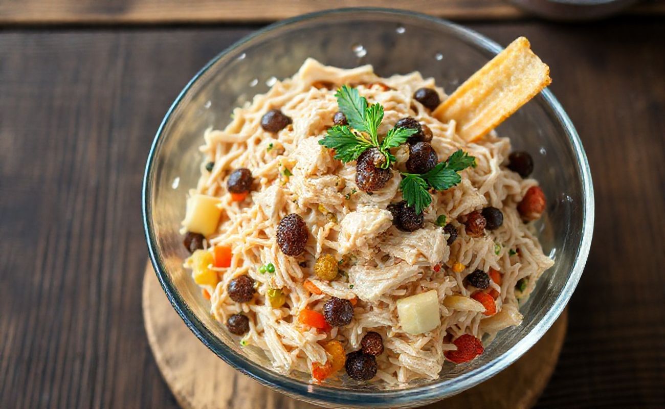 Salpicão de Frango tradicional servido em bowl de vidro com batata palha, cenoura ralada e ingredientes coloridos
