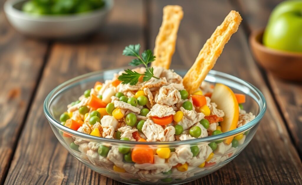 Salpicão de frango servido em taça de vidro com frango desfiado, legumes coloridos e batata palha crocante por cima