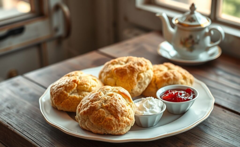 Scones (Pãozinho Inglês) dourados e recém-saídos do forno, servidos com geleia e creme em uma mesa rústica