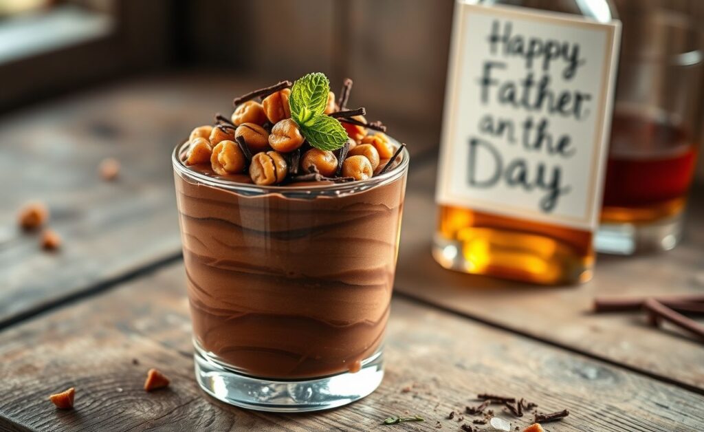 Sobremesa de dia dos pais: taça com mousse de chocolate cremosa e crocante de castanhas caramelizadas, decorada com raspas de chocolate.
