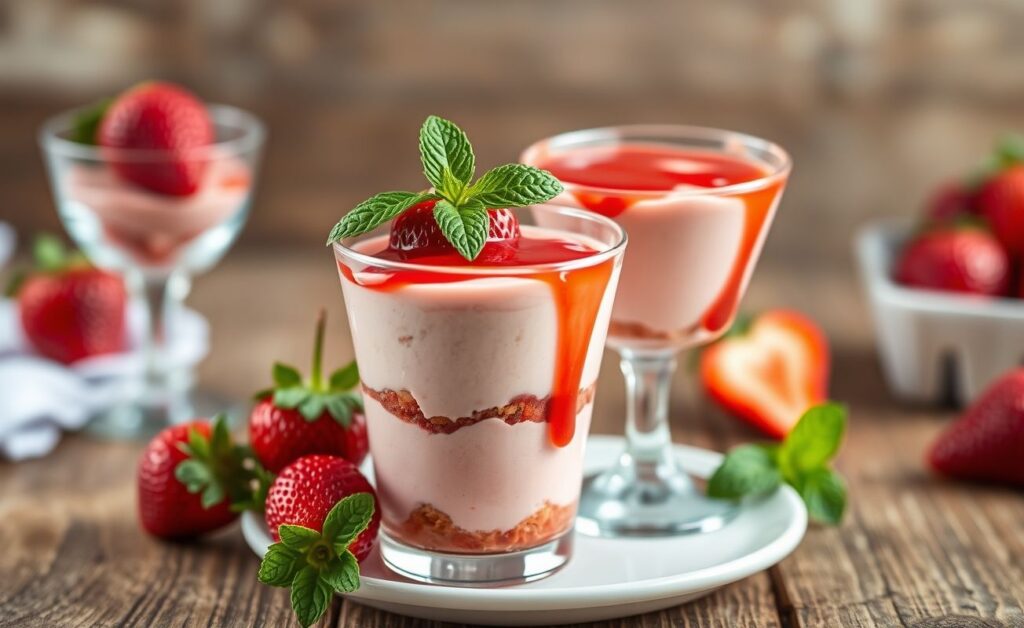 Taça de Sobremesa De Morango com mousse rosa cremosa, calda de morango e decoração com frutas frescas e folhas de hortelã