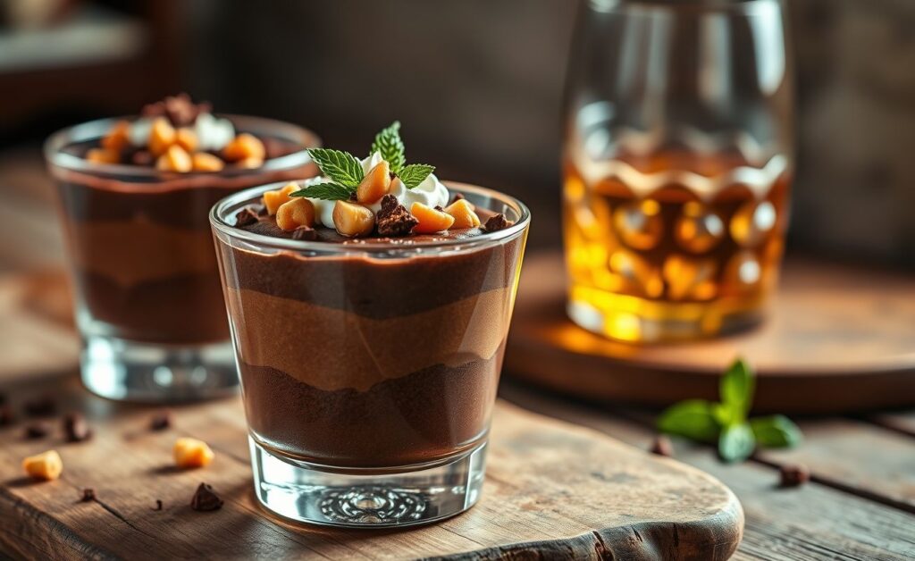 Sobremesa dia dos pais: mousse de chocolate em taça decorado com crocante de castanhas e chantilly, servido com whisky ao fundo