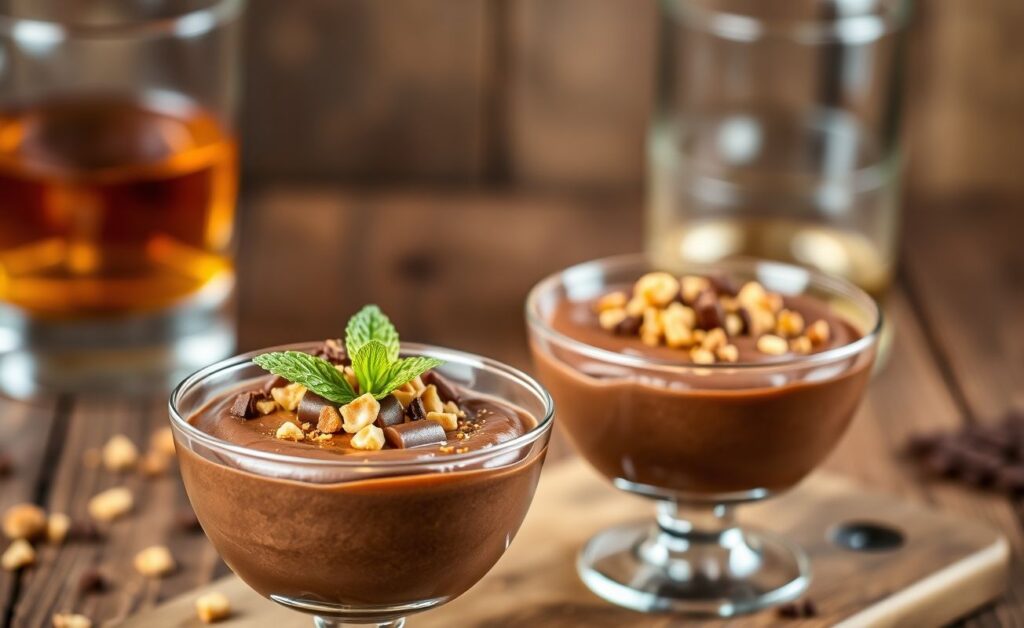 Sobremesa do dia dos pais: mousse de chocolate cremosa em taça transparente com crocante de castanhas dourado e decoração elegante