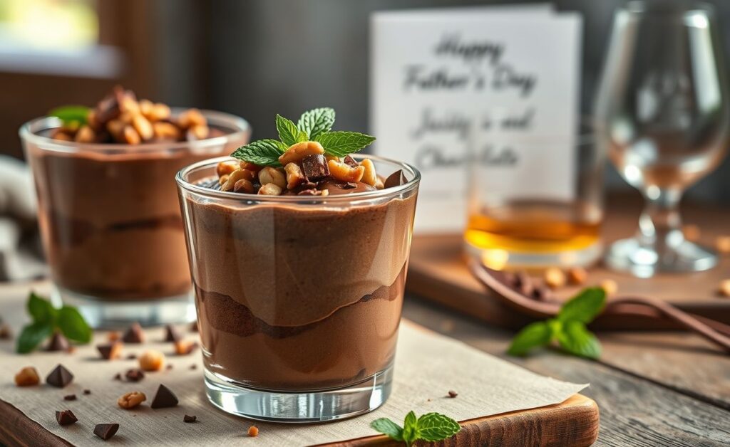 Sobremesa para dia dos pais: mousse de chocolate em taça com crocante de castanha, decorado com raspas de chocolate e folhas de hortelã