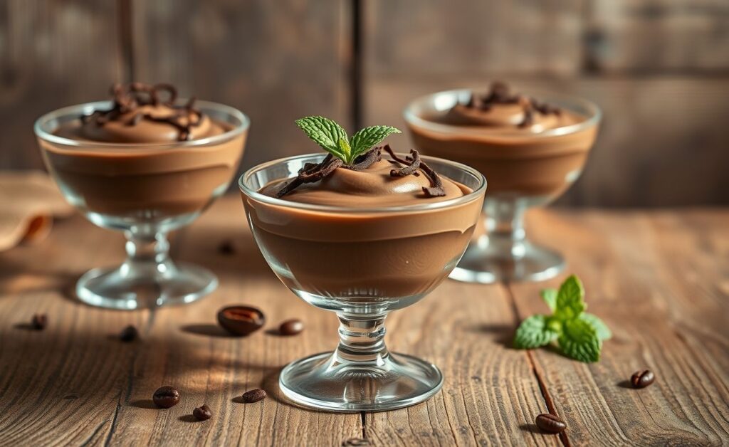 Mousse de chocolate cremosa em taças, decorada com raspas de chocolate - a Sobremesa Para o Dia Dos Pais Fácil perfeita.