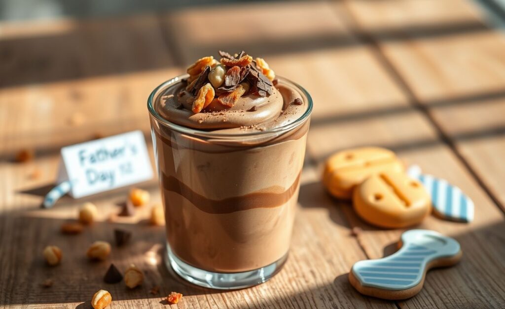 Sobremesa pro dia dos pais: mousse de chocolate cremoso em taça decorado com crocante de castanhas e raspas de chocolate