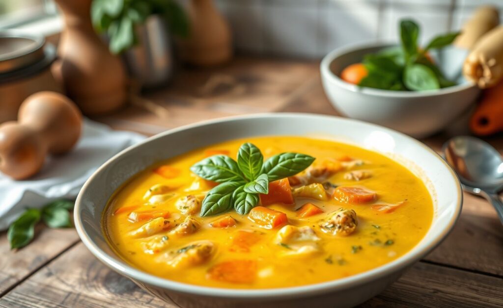 Tigela de Sopas De Legumes cremosas na cor laranja-dourada, com pedaços visíveis de cenoura e abobrinha, decorada com folhas verdes de manjericão fresco
