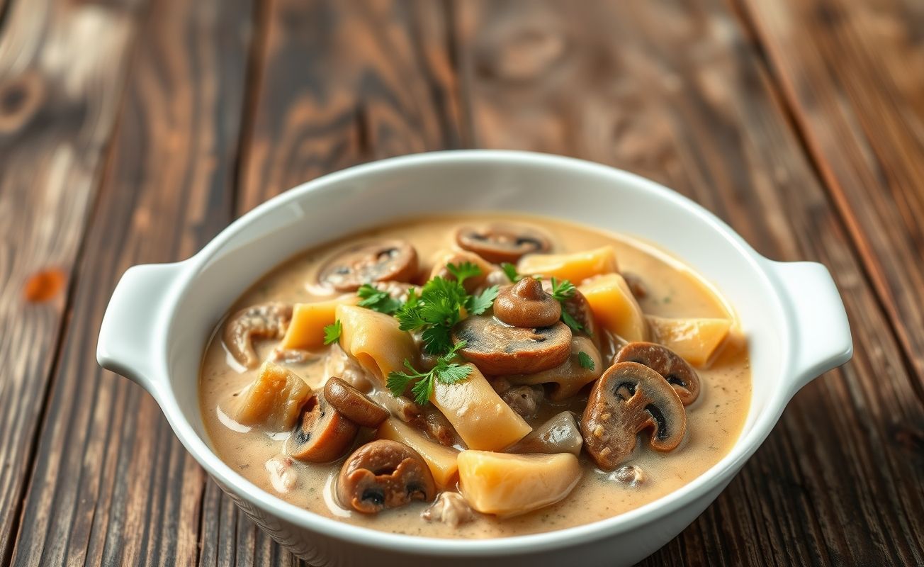 Prato de Strogonoff de Carne cremoso com tiras douradas de carne, cogumelos e salsa fresca, servido em bowl cerâmico
