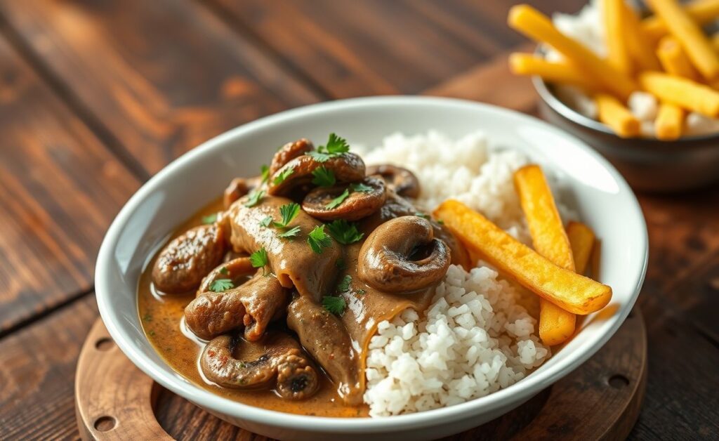 Prato de Strogonoff de carne com molho cremoso, acompanhado de arroz branco e batata palha crocante