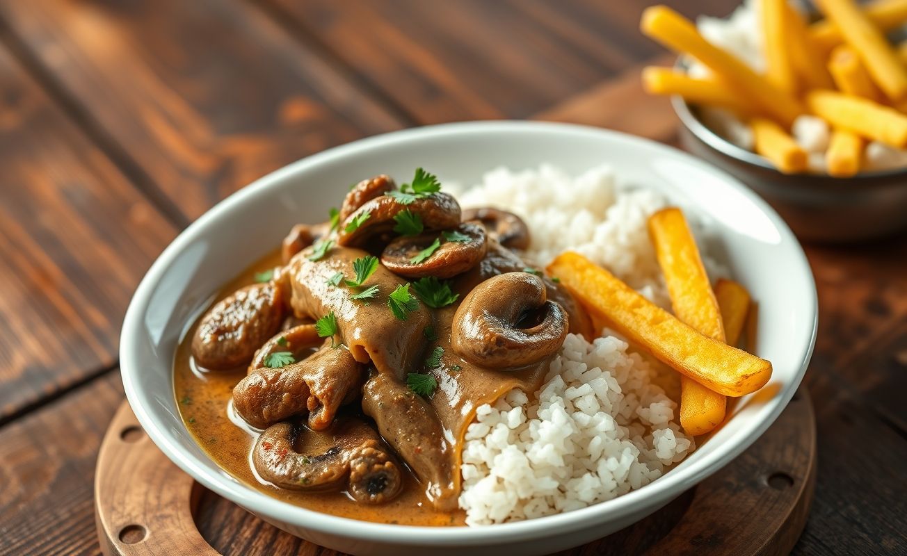 Prato de Strogonoff de carne com molho cremoso, acompanhado de arroz branco e batata palha crocante