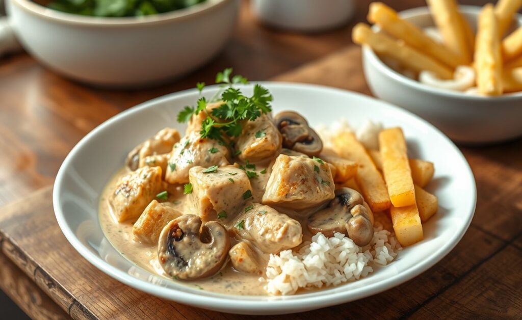 Prato de Strogonoff de frango cremoso com pedaços dourados de frango e cogumelos, servido com arroz branco e batata palha