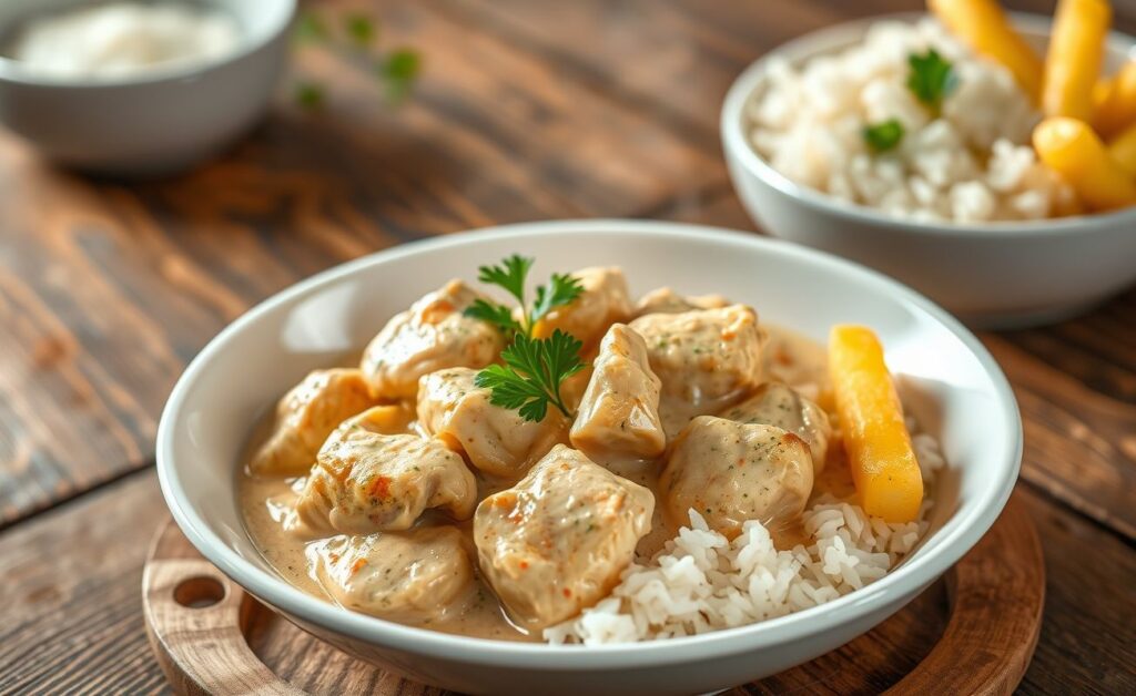 Strogonoff de frango cremoso servido em bowl branco com arroz e batata palha, molho cremoso envolvendo pedaços de frango e champignon