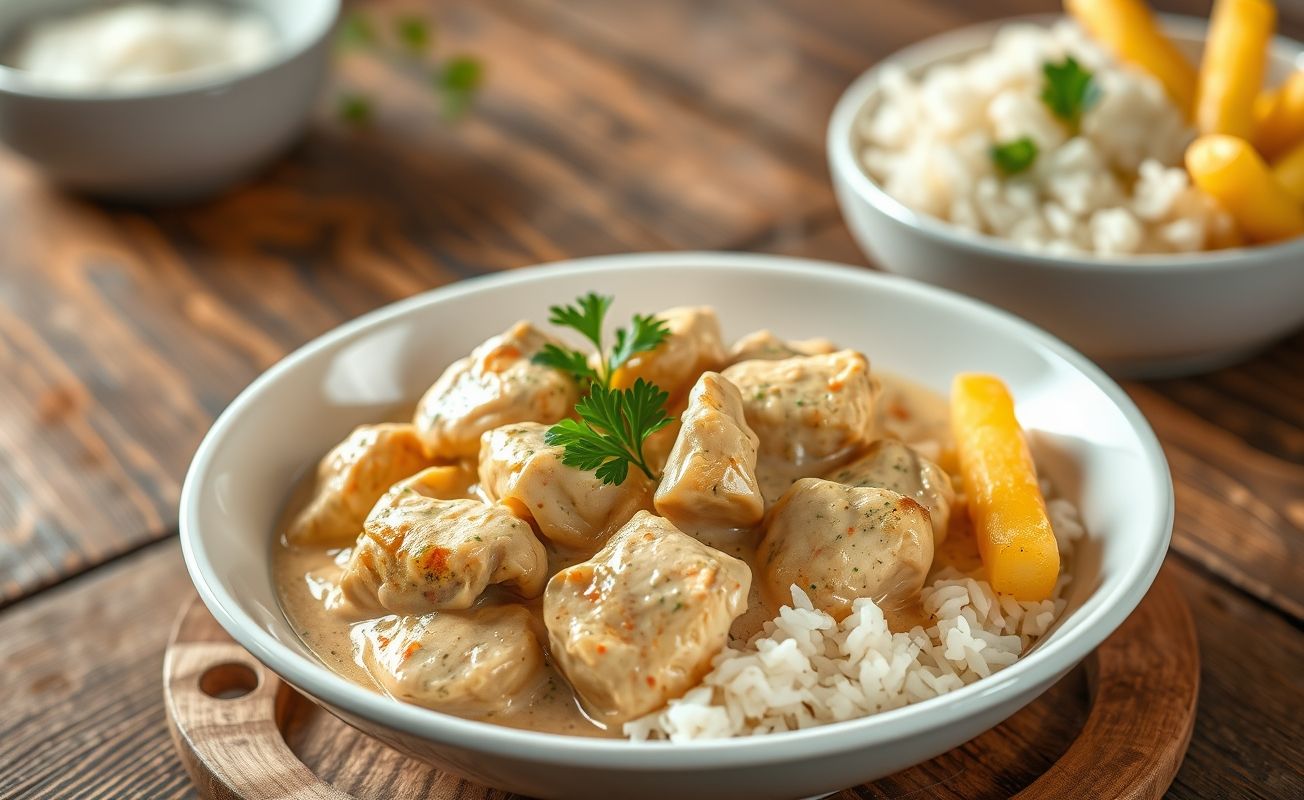 Strogonoff de frango cremoso servido em bowl branco com arroz e batata palha, molho cremoso envolvendo pedaços de frango e champignon