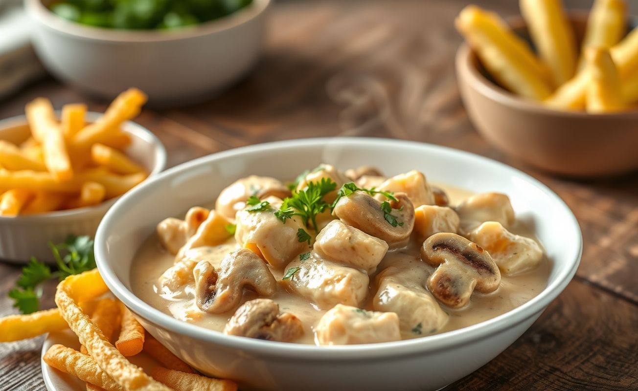 Prato de Strogonoff de Frango cremoso com pedaços dourados de frango e cogumelos, decorado com salsa fresca e acompanhado de batata palha