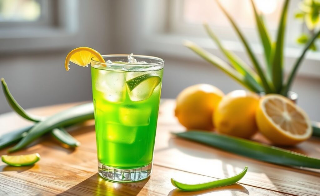 Copo de suco de babosa verde e refrescante com gelo e rodela de limão, servido em fundo rústico com folhas naturais